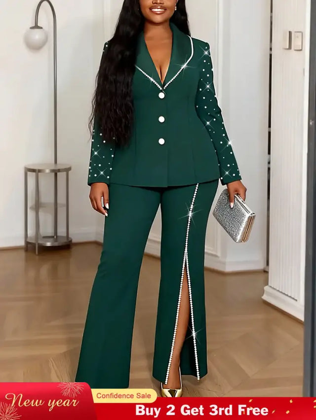 AOMEIDRESS Elegant Beaded 2 Piece Suit Turn Down Collar Blazer Side Slit Wide Leg Trousers