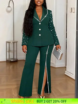 AOMEIDRESS Elegant Beaded 2 Piece Suit Turn Down Collar Blazer Side Slit Wide Leg Trousers