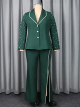AOMEIDRESS Elegant Beaded 2 Piece Suit Turn Down Collar Blazer Side Slit Wide Leg Trousers