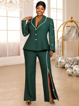 AOMEIDRESS Elegant Beaded 2 Piece Suit Turn Down Collar Blazer Side Slit Wide Leg Trousers DarkGreen / S