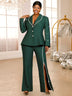 AOMEIDRESS Elegant Beaded 2 Piece Suit Turn Down Collar Blazer Side Slit Wide Leg Trousers DarkGreen / S
