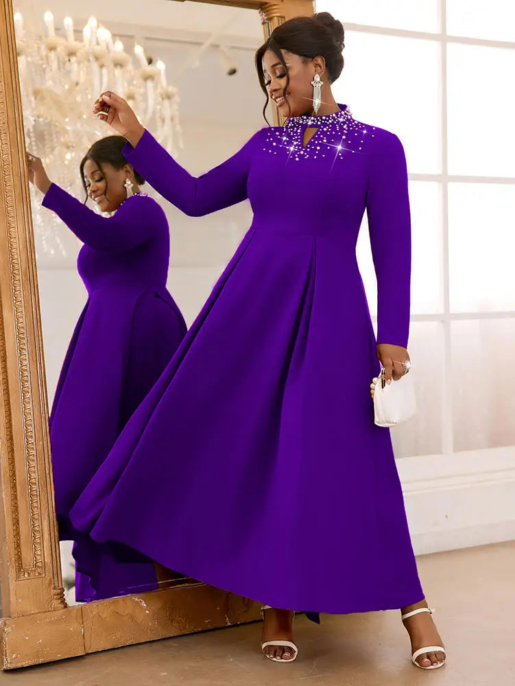 AOMEIDRESS Elegant Beaded A Line Church Dress Pleated Half High Collar