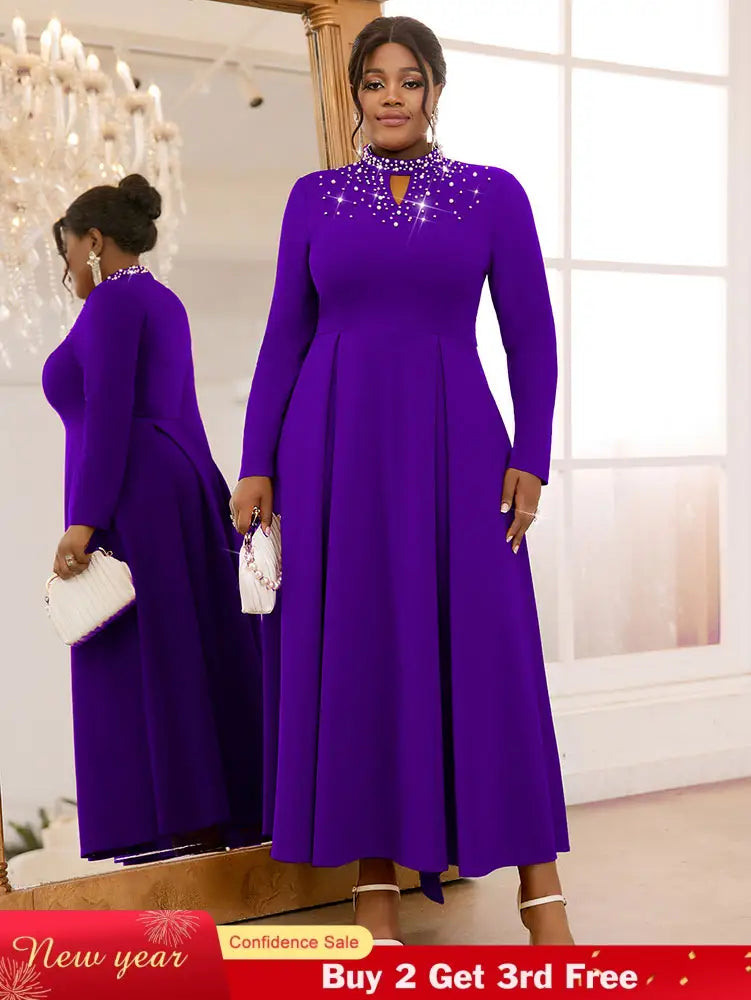 AOMEIDRESS Elegant Beaded A Line Church Dress Pleated Half High Collar DarkPurple / 0XL