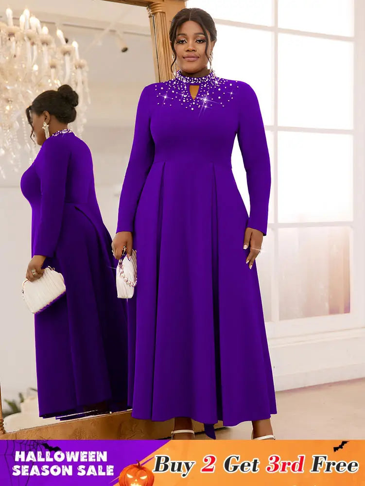 AOMEIDRESS Elegant Beaded A Line Church Dress Pleated Half High Collar DarkPurple / 0XL
