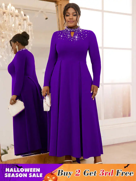 AOMEIDRESS Elegant Beaded A Line Church Dress Pleated Half High Collar DarkPurple / 0XL