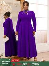 AOMEIDRESS Elegant Beaded A Line Church Dress Pleated Half High Collar DarkPurple / 0XL