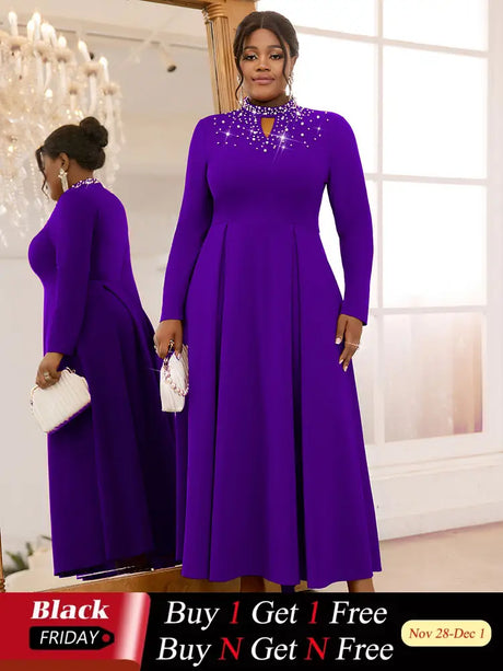 AOMEIDRESS Elegant Beaded A Line Church Dress Pleated Half High Collar DarkPurple / 0XL