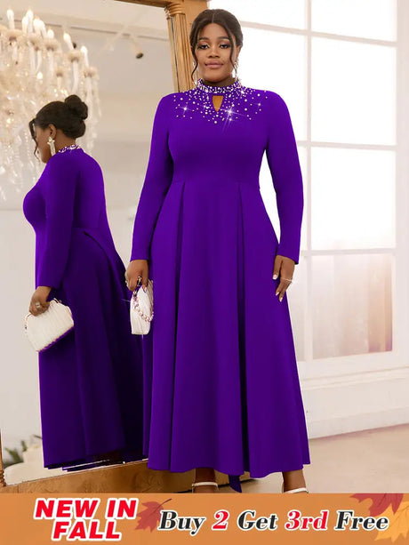 AOMEIDRESS Elegant Beaded A Line Church Dress Pleated Half High Collar DarkPurple / 0XL