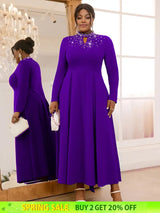 AOMEIDRESS Elegant Beaded A Line Church Dress Pleated Half High Collar DarkPurple / 0XL