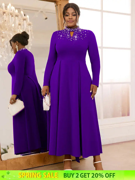 AOMEIDRESS Elegant Beaded A Line Church Dress Pleated Half High Collar DarkPurple / 0XL