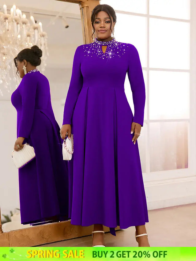 AOMEIDRESS Elegant Beaded A Line Church Dress Pleated Half High Collar DarkPurple / 0XL