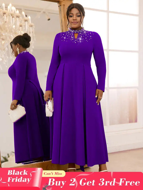 AOMEIDRESS Elegant Beaded A Line Church Dress Pleated Half High Collar DarkPurple / 0XL