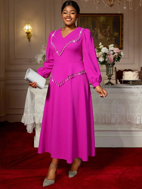AOMEIDRESS Elegant Beaded Chain Lantern Sleeve Dress for Wedding Party