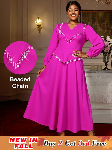 AOMEIDRESS Elegant Beaded Chain Lantern Sleeve Dress for Wedding Party Rose / S