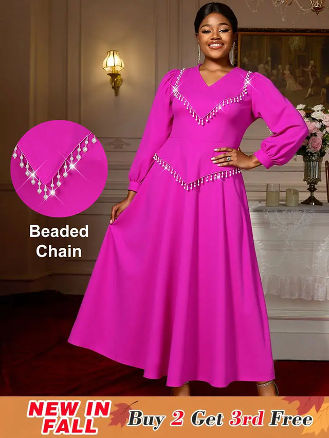 AOMEIDRESS Elegant Beaded Chain Lantern Sleeve Dress for Wedding Party Rose / S