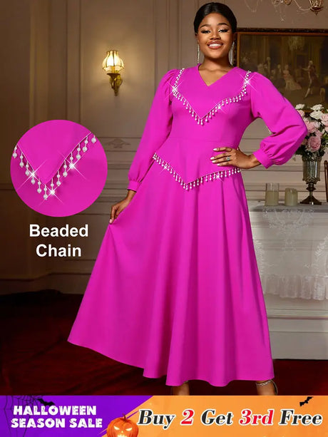 AOMEIDRESS Elegant Beaded Chain Lantern Sleeve Dress for Wedding Party Rose / S