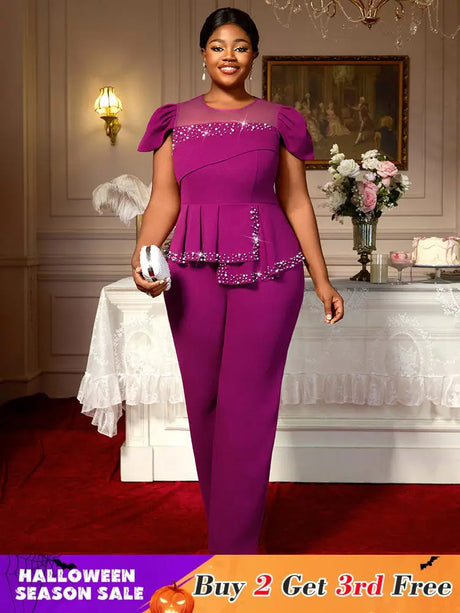 AOMEIDRESS Elegant Beaded Peplum Belly Cover Church Jumpsuit O Neck Purple / S