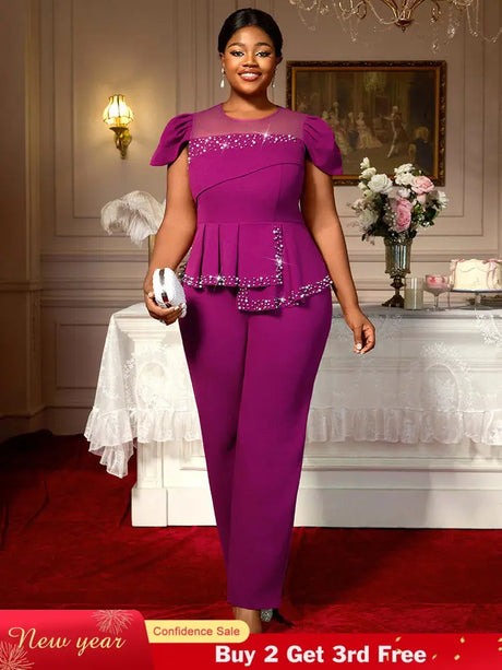 AOMEIDRESS Elegant Beaded Peplum Belly Cover Church Jumpsuit O Neck Purple / S