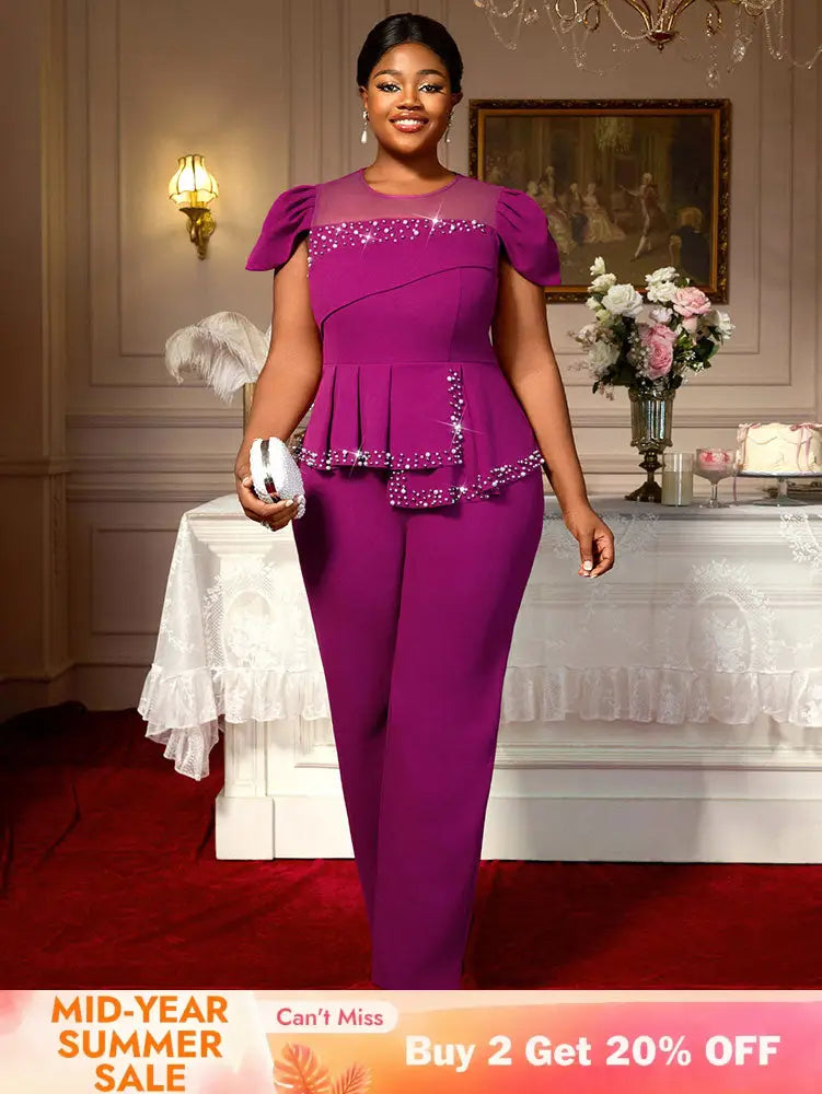 AOMEIDRESS Elegant Beaded Peplum Belly Cover Church Jumpsuit O Neck Purple / S