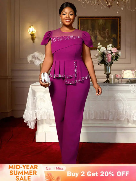 AOMEIDRESS Elegant Beaded Peplum Belly Cover Church Jumpsuit O Neck Purple / S