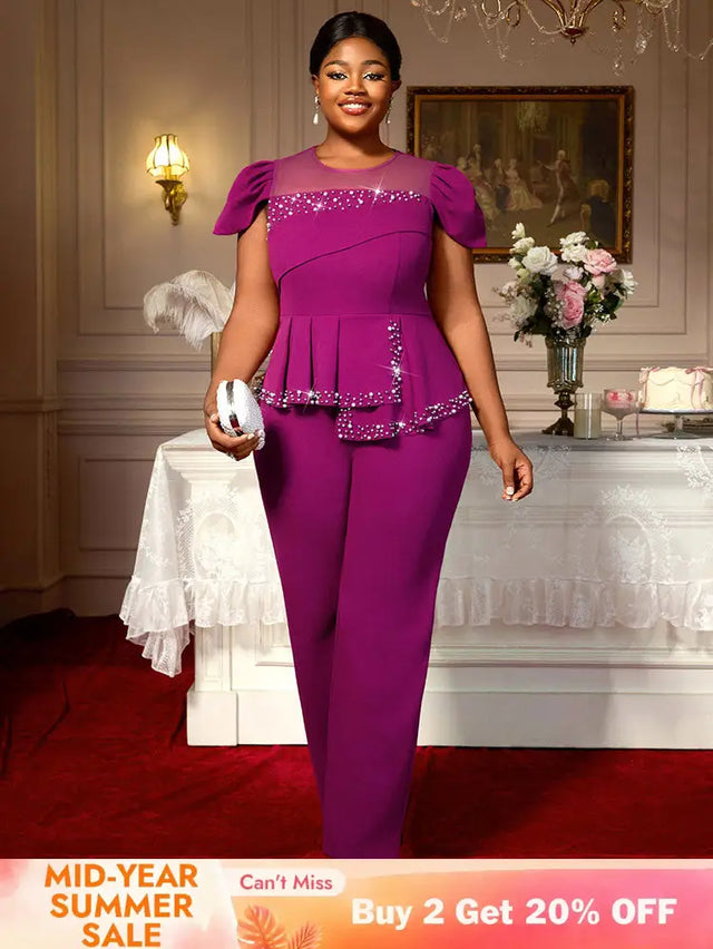 AOMEIDRESS Elegant Beaded Peplum Belly Cover Church Jumpsuit O Neck Purple / S