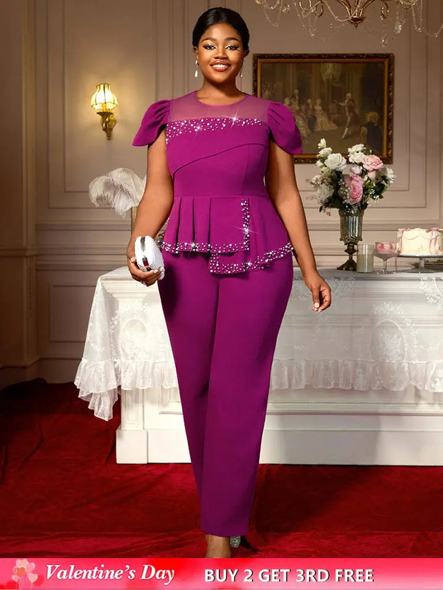 AOMEIDRESS Elegant Beaded Peplum Belly Cover Church Jumpsuit O Neck Purple / S