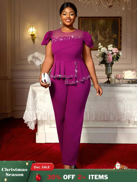 AOMEIDRESS Elegant Beaded Peplum Belly Cover Church Jumpsuit O Neck Purple / S