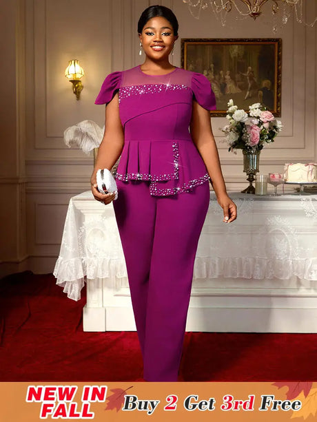 AOMEIDRESS Elegant Beaded Peplum Belly Cover Church Jumpsuit O Neck Purple / S