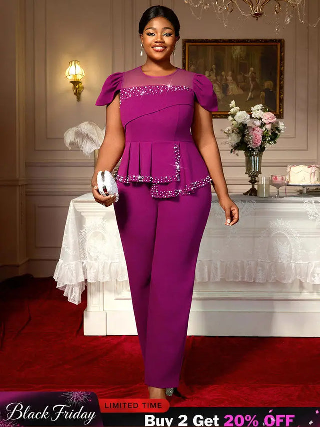 AOMEIDRESS Elegant Beaded Peplum Belly Cover Church Jumpsuit O Neck Purple / S