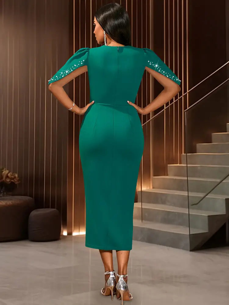 AOMEIDRESS Elegant Beaded Wedding Guest Dress Package Hip Shawl Sleeve