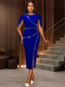AOMEIDRESS Elegant Beaded Wedding Guest Dress Package Hip Shawl Sleeve Blue / S