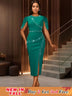 AOMEIDRESS Elegant Beaded Wedding Guest Dress Package Hip Shawl Sleeve Green / S
