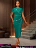 AOMEIDRESS Elegant Beaded Wedding Guest Dress Package Hip Shawl Sleeve Green / S