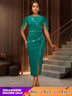 AOMEIDRESS Elegant Beaded Wedding Guest Dress Package Hip Shawl Sleeve Green / S