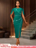 AOMEIDRESS Elegant Beaded Wedding Guest Dress Package Hip Shawl Sleeve Green / S