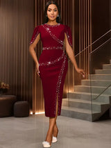 AOMEIDRESS Elegant Beaded Wedding Guest Dress Package Hip Shawl Sleeve Wine / S