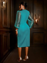 AOMEIDRESS Elegant Beading Evening Dress Sheer Sleeve Waist Belt Slit