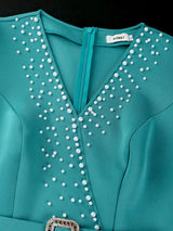 AOMEIDRESS Elegant Beading Evening Dress Sheer Sleeve Waist Belt Slit