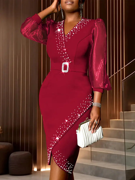 AOMEIDRESS Elegant Beading Evening Dress Sheer Sleeve Waist Belt Slit DarkRed / S