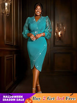 AOMEIDRESS Elegant Beading Evening Dress Sheer Sleeve Waist Belt Slit Green / S
