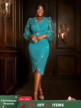 AOMEIDRESS Elegant Beading Evening Dress Sheer Sleeve Waist Belt Slit Green / S