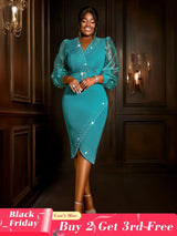 AOMEIDRESS Elegant Beading Evening Dress Sheer Sleeve Waist Belt Slit Green / S