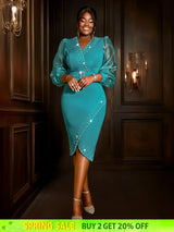 AOMEIDRESS Elegant Beading Evening Dress Sheer Sleeve Waist Belt Slit Green / S