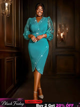 AOMEIDRESS Elegant Beading Evening Dress Sheer Sleeve Waist Belt Slit Green / S