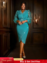 AOMEIDRESS Elegant Beading Evening Dress Sheer Sleeve Waist Belt Slit Green / S