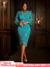 AOMEIDRESS Elegant Beading Evening Dress Sheer Sleeve Waist Belt Slit Green / S