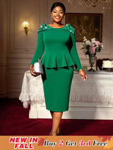 AOMEIDRESS Elegant Beading Peplum Dress for Wedding Church Christmas Green / S