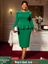 AOMEIDRESS Elegant Beading Peplum Dress for Wedding Church Christmas Green / S