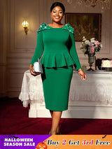 AOMEIDRESS Elegant Beading Peplum Dress for Wedding Church Christmas Green / S