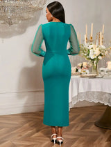 AOMEIDRESS Elegant Beading Wedding Dress Long Sheer Sleeve V Neck Slit